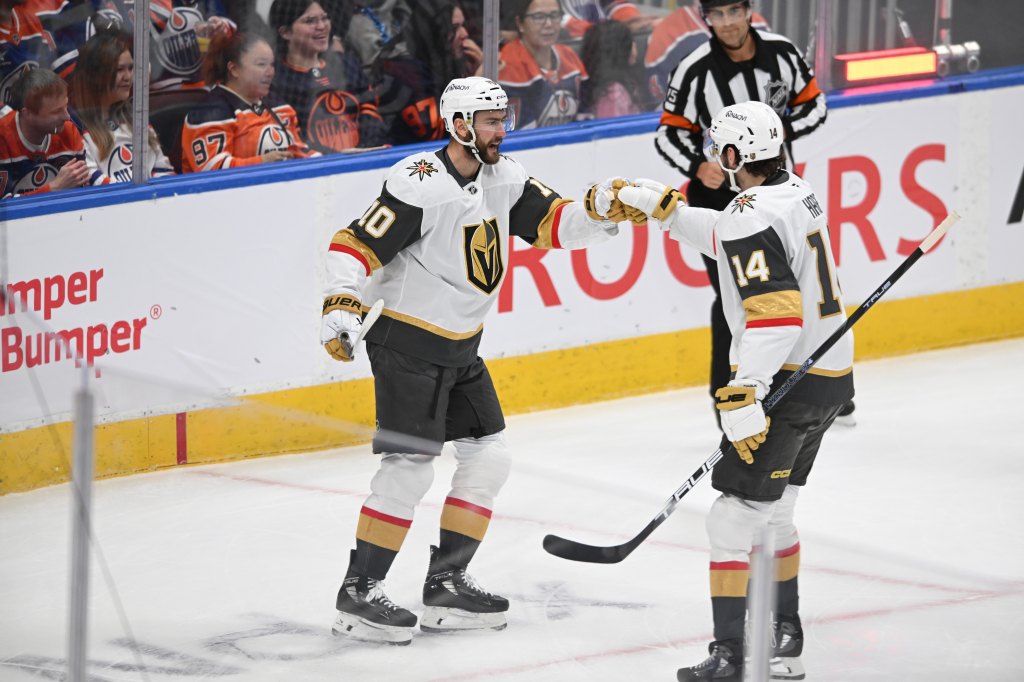 Nicolas Roy of the Golden Knights celebrates after a goal in Game 3.