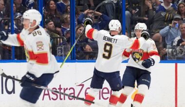 Florida Panthers center Sam Bennett (9) celebrates his goal against the Tampa Bay Lightning with center Anton Lundell (15) during the second period in Game 5 of an NHL hockey Stanley Cup first-round playoff series, Wednesday, April 30, 2025, in Tampa, Fla. (AP Photo/Chris O'Meara)