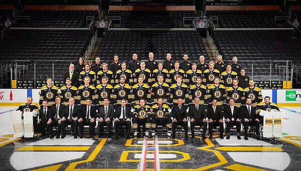 Members of the Boston Bruins pose for the official 2024-2025 team photograph