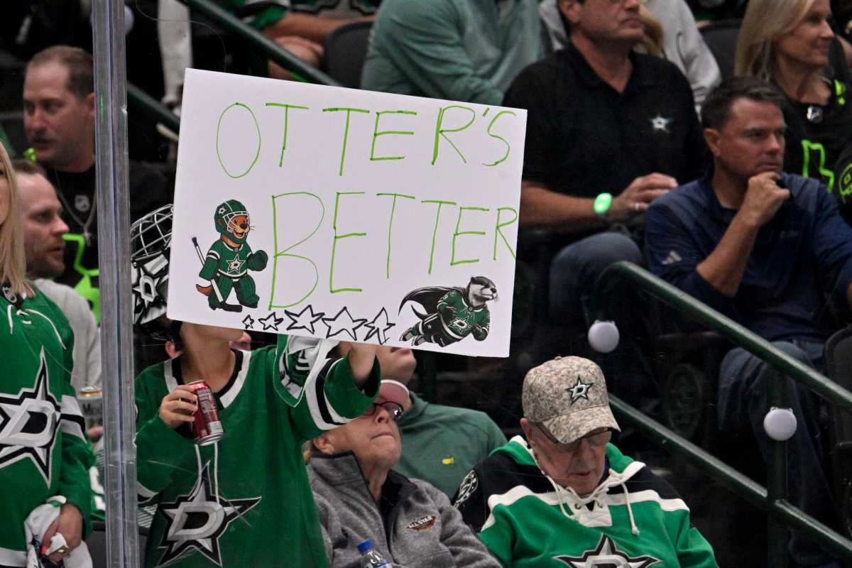 May 13, 2025; Dallas, Texas, USA; A view of a fan holding a Otter’s Better sign for Dallas Stars goaltender Jake Oettinger (29) during the third period against the Winnipeg Jets in game four of the second round of the 2025 Stanley Cup Playoffs at American Airlines Center. Mandatory Credit: Jerome Miron-Imagn Images