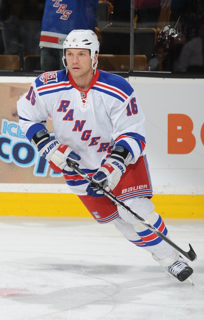 Sean Avery #16 of the New York Rangers during warm-ups before the game against the Boston Bruins at the TD Garden on March 26, 2011 in Boston, Massachusetts.   