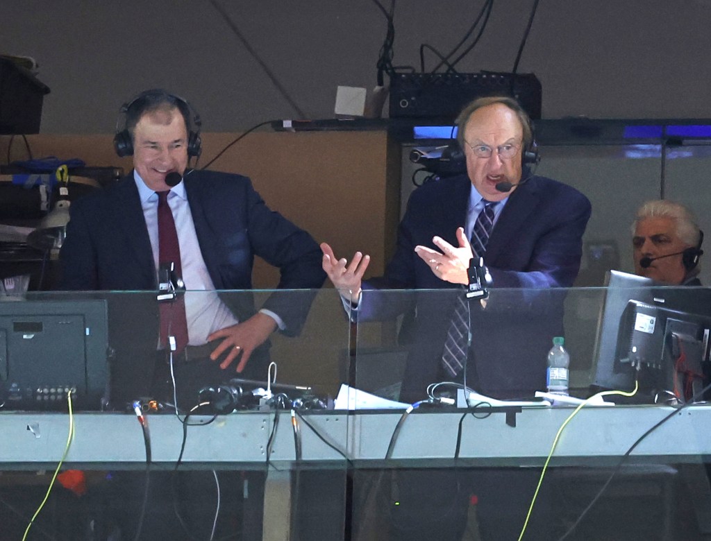 Rangers broadcaster Sam Rosen (center) with partner Joe Micheletti, during Rosen's last game after 40 years.