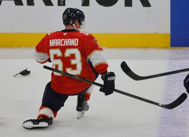 Florida Panthers center Brad Marchand (63) celebrates his game-winning overtime...