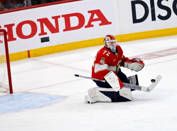 Florida Panthers goaltender Sergei Bobrovsky (72) makes a save in...