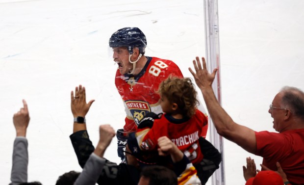Florida Panthers defenseman Nate Schmidt (88) celebrates after the overtime...