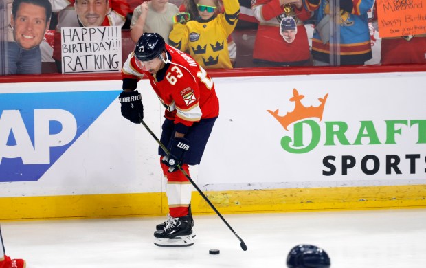 Florida Panthers center Brad Marchand (63) skates before Game 4...