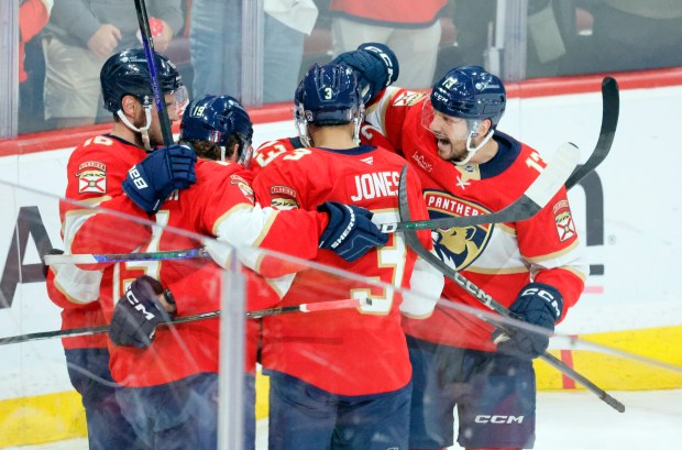 Florida Panthers celebrate a first-period goal against the Toronto Maple...