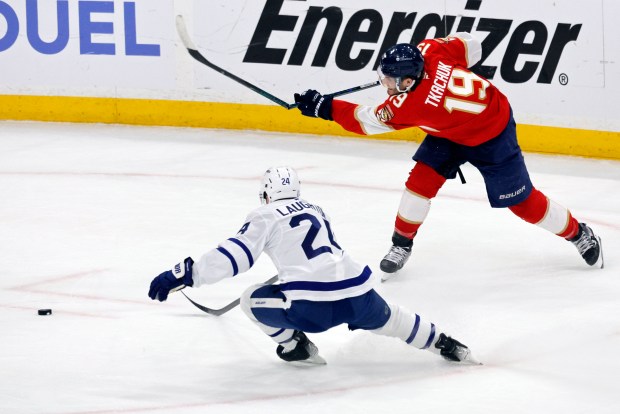 Florida Panthers left wing Matthew Tkachuk (19) breaks his stick...