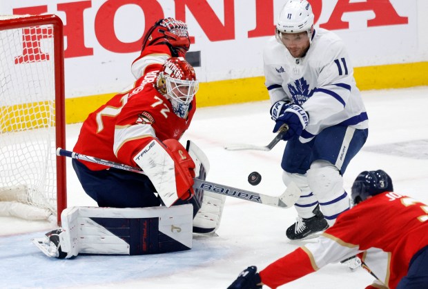Florida Panthers goaltender Sergei Bobrovsky (72) makes a save on...