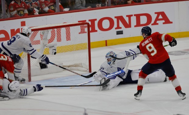Florida Panthers center Sam Bennett (9) scores during the third...