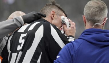 Referee Chris Rooney forced out of Game 7 after taking stick to face