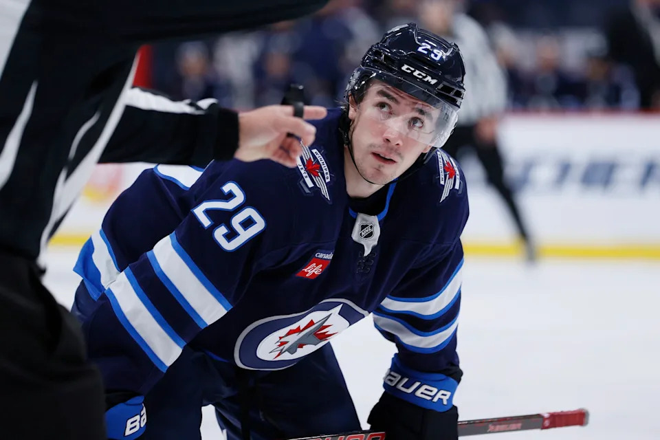 Winnipeg Jets center Brayden Yager (29) looks on before a face off in the second period against the Minnesota Wild at Canada Life Centre. Mandatory Credit: James Carey Lauder-Imagn Images