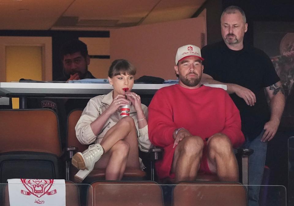 Taylor Swift and Travis Kelce take in the third period in Game 4 of the NHL hockey Stanley Cup Final between the Edmonton Oilers and the Florida Panthers in Sunrise, Fla., Thursday, June 12, 2025. AP