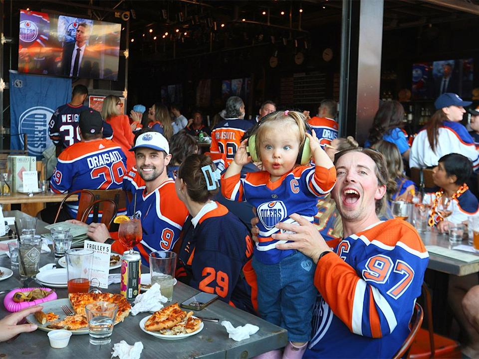  Edmonton Oilers fans have taken over Trolley 5 Brewpub in Calgary as fans watched the Oilers host the Panthers for Game 1 of the Stanley Cup Final on Wednesday, June 4, 2025.