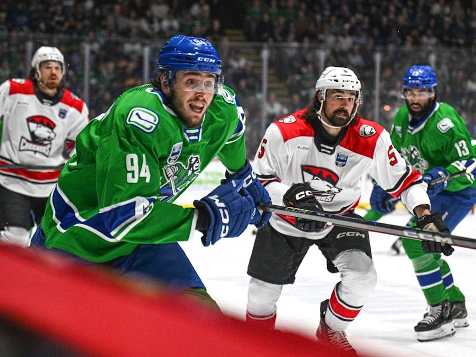 Abbotsford Canucks forward Linus Karlsson skates against the Charlotte Checkers during Game 3 of the Calder Cup Finals at the Abbotsford Centre on Tuesday.