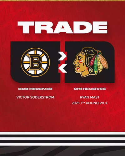NHL Trade news: The Chicago Blackhawks send Victor Söderström to Boston Bruins for Ryan Mast and a draft pick