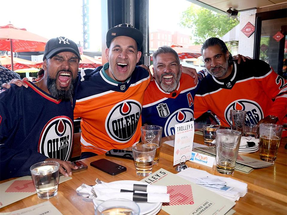  Edmonton Oilers fans have taken over Trolley 5 Brewpub in Calgary as fans watched the Oilers host the Panthers for Game 1 of the Stanley Cup Final on Wednesday, June 4, 2025.