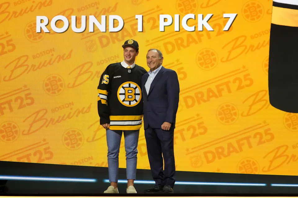 James Hagens is selected by the Boston Bruins in the first round of the 2025 NHL Draft at Peacock Theater.Kirby Lee-Imagn Images