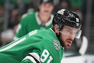 Dallas Stars center Tyler Seguin prepares for a face-off during the first period of an NHL...
