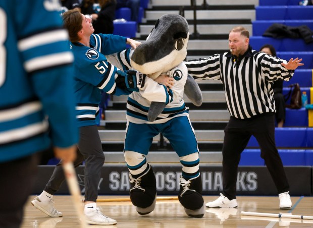 San Jose Sharks' Collin Graf (51), with Team Black, grapples with S.J. Sharkie as San Jose Sharks head coach and referee Ryan Warsofsky keeps an eye on the scuffle in the second period of their Special Olympics Northern California floor hockey game at Santa Clara High School in Santa Clara, Calif., on Sunday, March 16, 2025. (Nhat V. Meyer/Bay Area News Group)