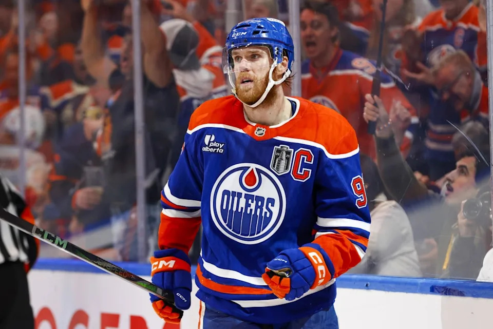 Edmonton Oilers center Connor McDavid (97) celebrates scoring during the third period against the Florida Panthers in game five of the 2025 Stanley Cup Final at Rogers Place. Perry Nelson-Imagn Images