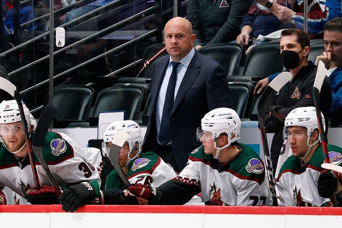 Jan 14, 2022; Denver, Colorado, USA; Arizona Coyotes head coach Andre Tourigny looks on in the second period against the Colorado Avalanche at Ball Arena. Mandatory Credit: Isaiah J. Downing-USA TODAY Sports