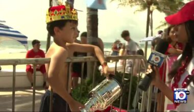 Young Panthers fan was thrilled when Brad Marchand accepted his rat king crown during parade