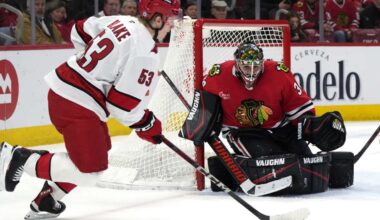 Aho scores in overtime as the Hurricanes beat the Blackhawks 4-3
