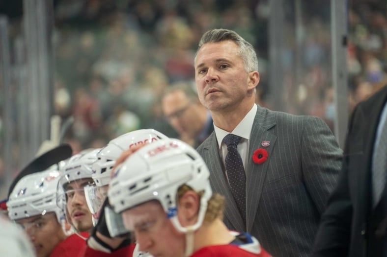 Nov 1, 2022; Saint Paul, Minnesota, USA; Montreal Canadiens head coach Martin St.-Louis looks on in the first period against the Minnesota Wild at Xcel Energy Center. Mandatory Credit: Matt Blewett-USA TODAY Sports