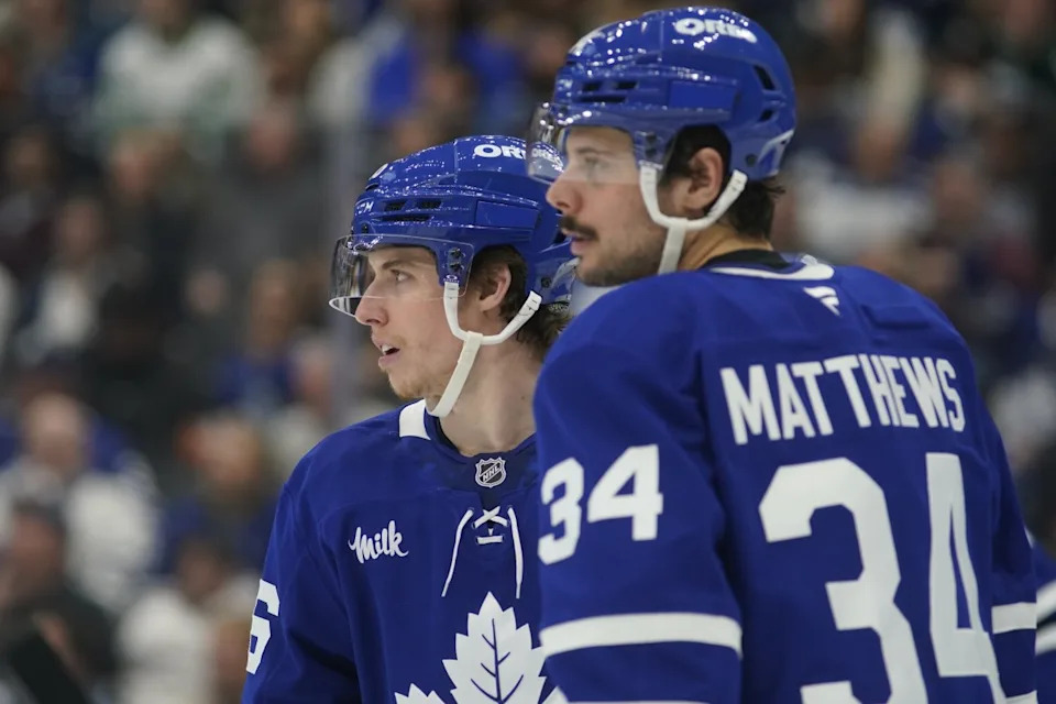 Toronto Maple Leafs forward Mitch Marner (16) and Toronto Maple Leafs forward Auston Matthews (34) during a break in the action against the Colorado Avalanche at Scotiabank Arena. John E&period; Sokolowski-Imagn Images