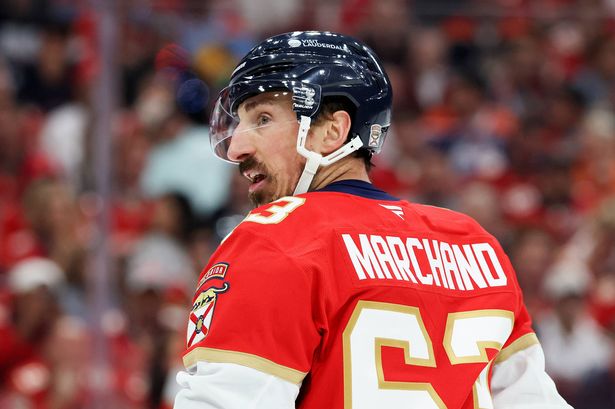 SUNRISE, FLORIDA - JUNE 09: Brad Marchand #63 of the Florida Panthers react during the first period against the Edmonton Oilers in Game Three of the 2025 Stanley Cup Final at Amerant Bank Arena on June 09, 2025 in Sunrise, Florida. (Photo by Bruce Bennett/Getty Images)