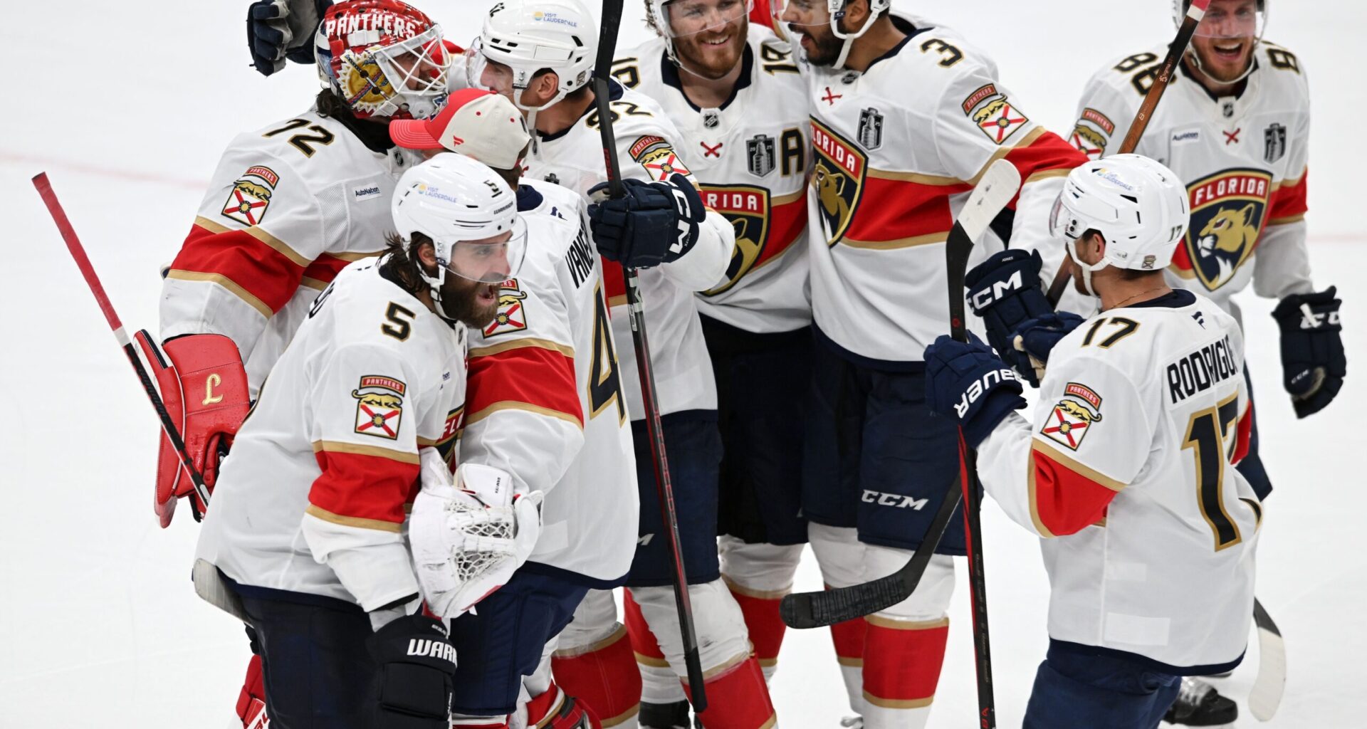The Florida Panthers react after defeating the Edmonton Oilers in double overtime for game two of the 2025 Stanley Cup Final at Rogers Place.