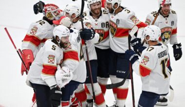 The Florida Panthers react after defeating the Edmonton Oilers in double overtime for game two of the 2025 Stanley Cup Final at Rogers Place.