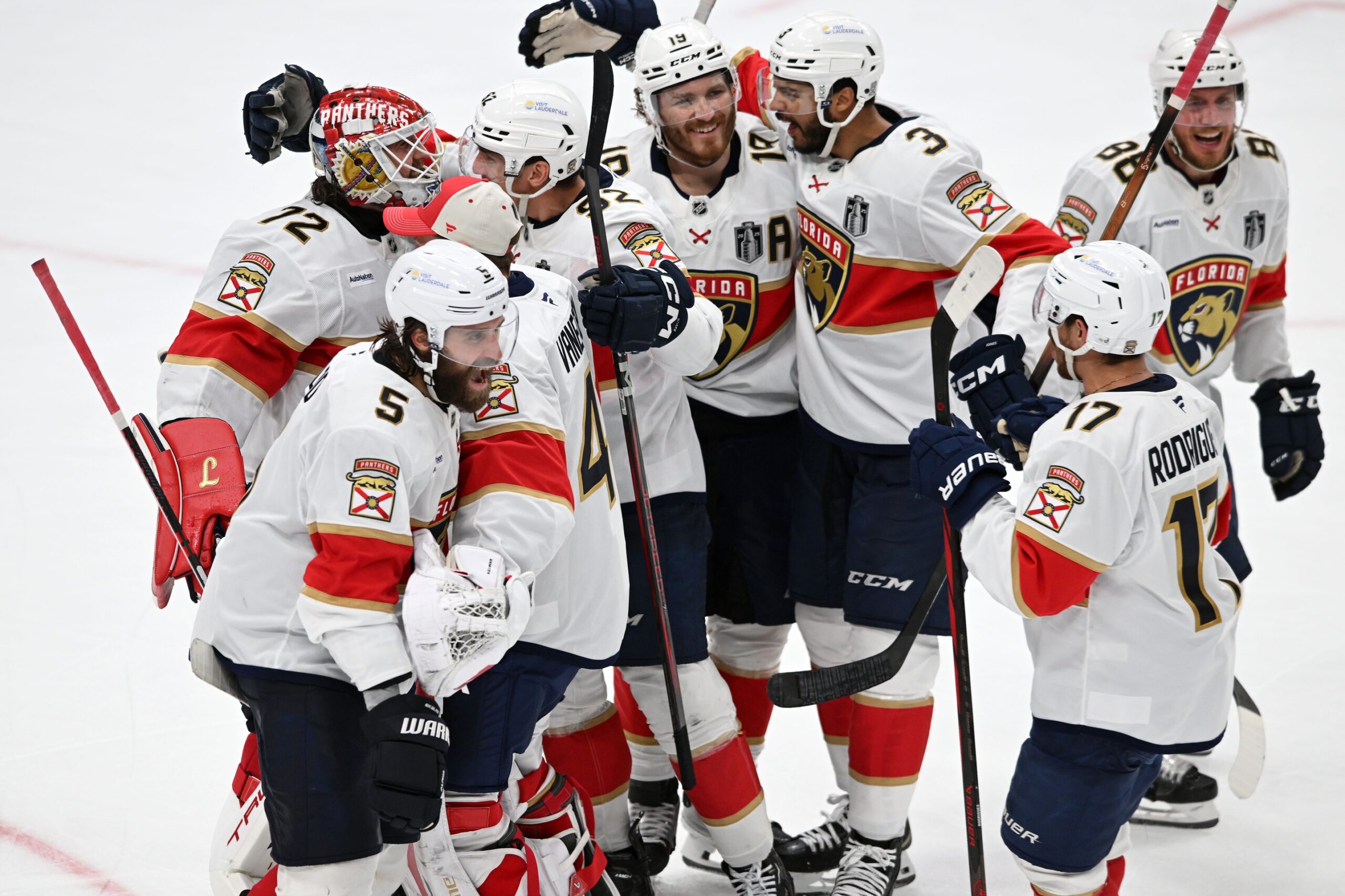 The Florida Panthers react after defeating the Edmonton Oilers in double overtime for game two of the 2025 Stanley Cup Final at Rogers Place.