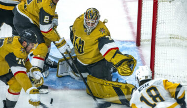 Golden Knights goaltender Ilya Samsonov (35) and teammates defend the net with a shot by Pittsb ...