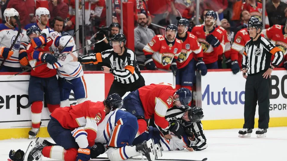 The Oilers and Panthers got mixed up in a large brawl during the third period of Game 3. - Bruce Bennett/Getty Images