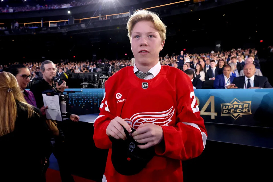 Max Plante is selected by the Detroit Red Wings with the 47th overall pick during the 2024 Upper Deck NHL Draft at Sphere on Saturday, June 29, 2024 in Las Vegas, Nevada.