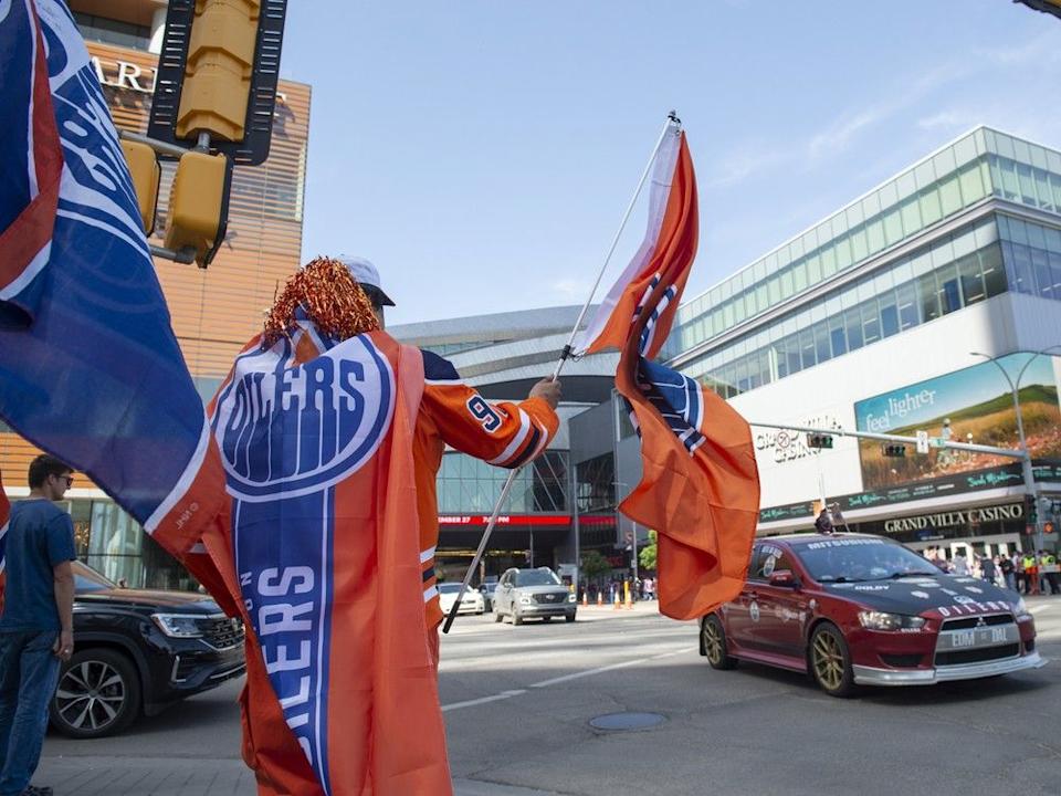  Fans fill Ice District outside Rogers Place in Edmonton to cheer on the Edmonton Oilers on May 25.