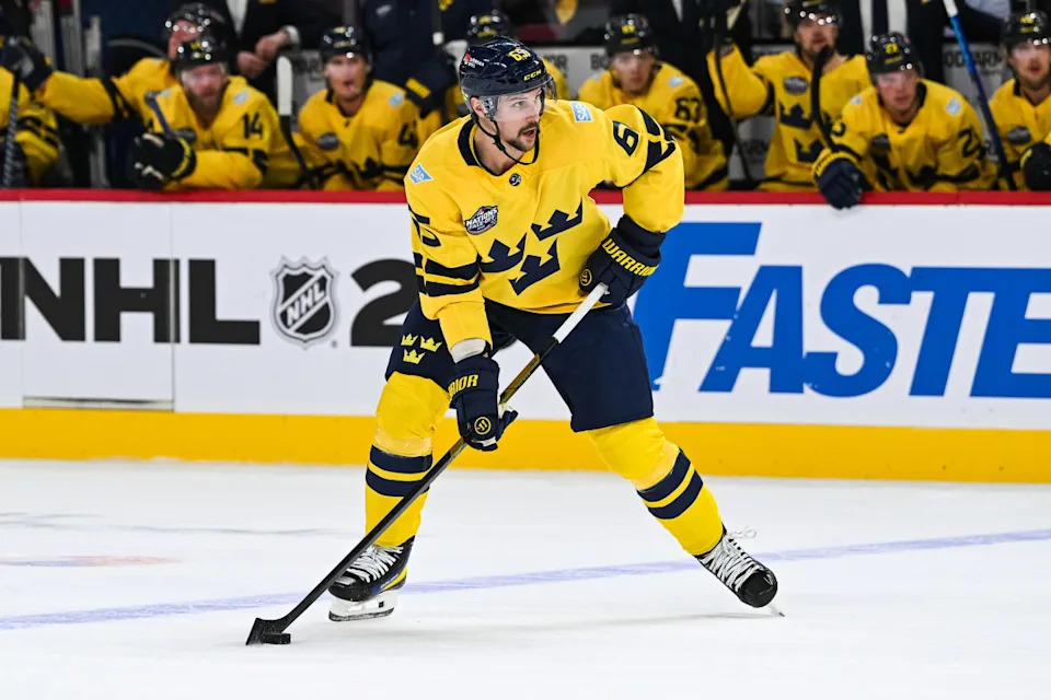 Defenseman Erik Karlsson plays the puck for Sweden during a 4 Nations Face-Off game in February 2025.David Kirouac-Imagn Images
