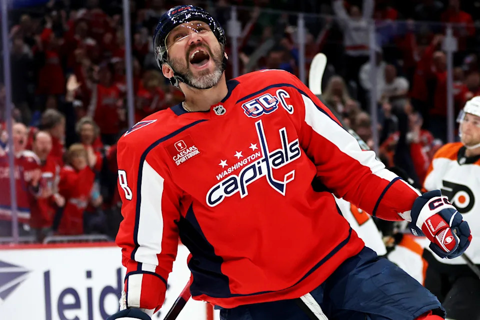 Washington Capitals left wing Alex Ovechkin (8) celebrates after scoring career goal 888 at Capital One Arena.Daniel Kucin Jr&period;-Imagn Images