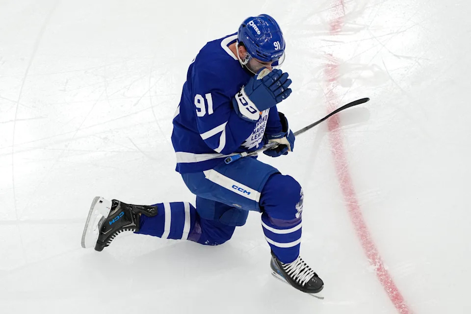 Toronto Maple Leafs forward John Tavares during warm-up before Game 7 of the Eastern Conference semifinals against the Florida Panthers.John E&period; Sokolowski-Imagn Images