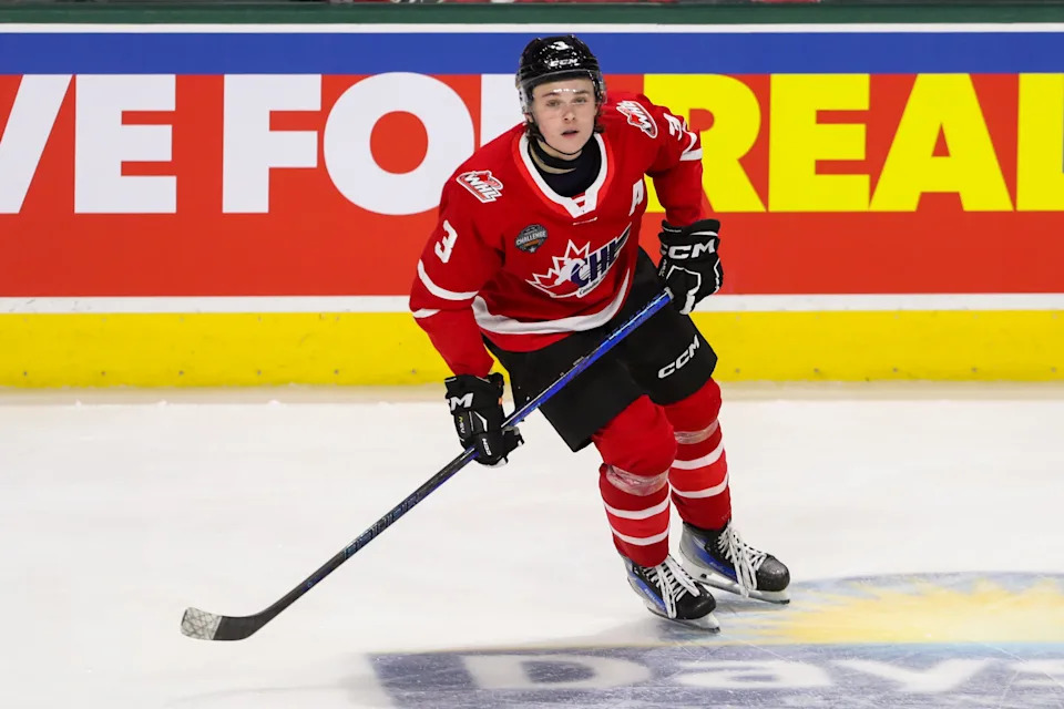 LONDON, ONTARIO - NOVEMBER 26: Defenceman Blake Fiddler #3 of Team CHL of Team USA during the CHL USA Prospects Challenge at Canada Life Place on November 26, 2024 in London, Ontario. (Photo by Dennis Pajot/Getty Images)