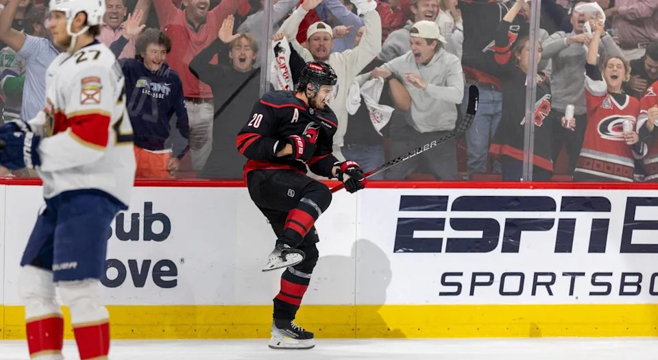 Carolina Hurricanes center Sebastian Aho (20) reacts after scoring on Florida Panthers goalie Sergei Bobrovsky (72) to take a 1-0 lead in the first period during Game 5 of their Stanley Cup series on Wednesday, May 28, 2025 at Lenovo Center in Raleigh, N.C.