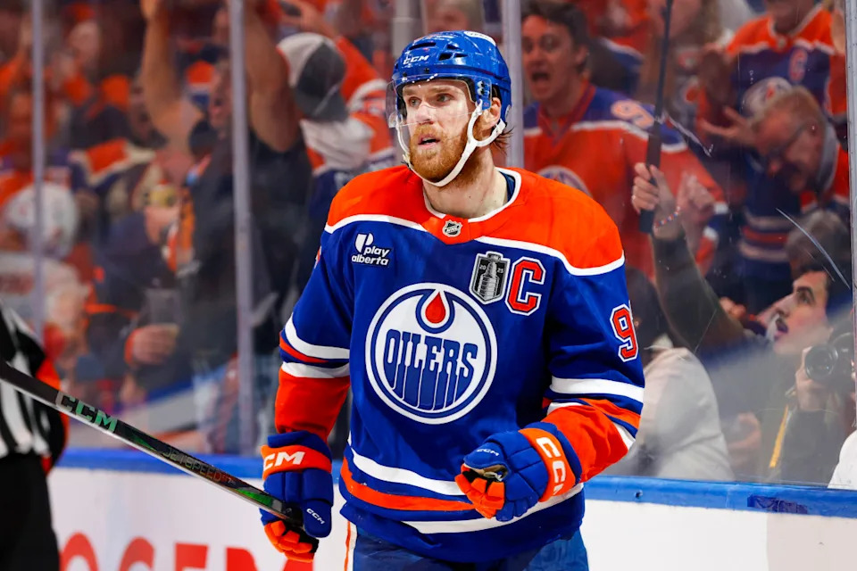 Edmonton Oilers center Connor McDavid (97) celebrates scoring during the third period against the Florida Panthers in game five of the 2025 Stanley Cup Final.Perry Nelson-Imagn Images