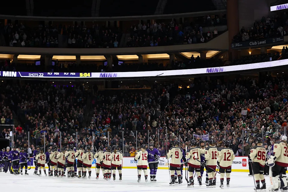 Jan 6, 2024; St. Paul, Minnesota, USA; Minnesota and Montreal players shake hands after a PWHL ice hockey game at XCel Energy Center. Mandatory Credit: Matt Krohn-Imagn Images