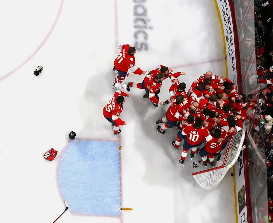 Florida Panthers goaltender Sergei Bobrovsky (72) celebrates with teammates after defeating the Edmonton Oilers 5-1 in Game 6 of the NHL Stanley Cup Final at Amerant Bank Arena on Tuesday, June 17, 2025, in Sunrise, Fla., clinching the Stanley Cup championship.