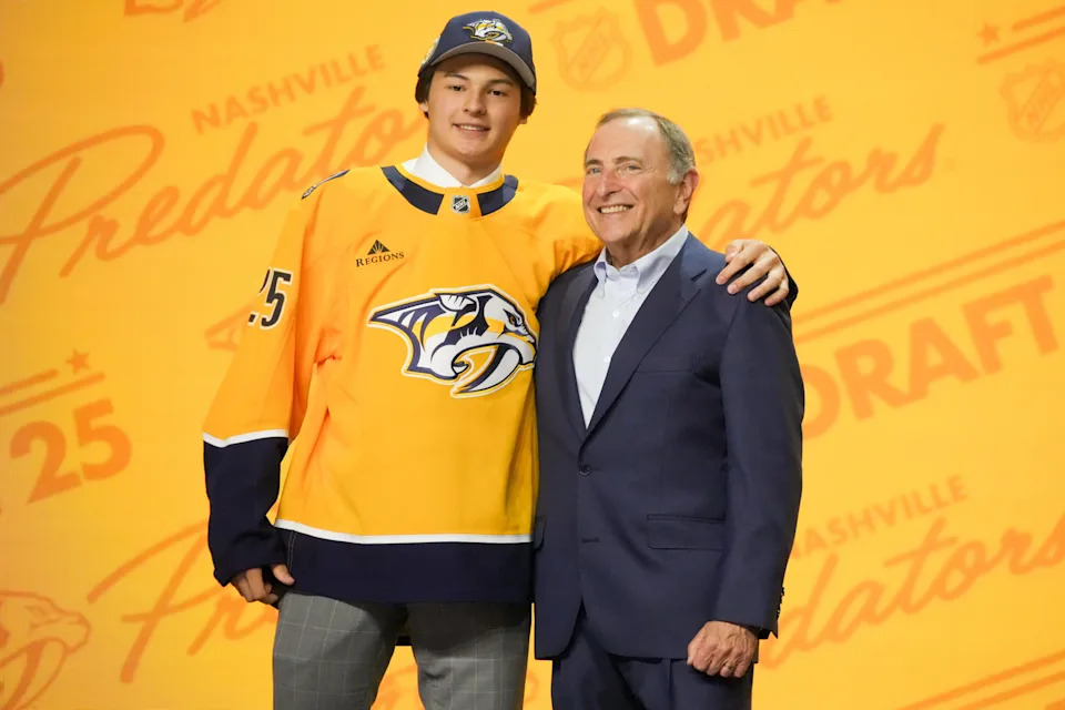 Jun 27, 2025; Los Angeles, California, USA; Ryker Lee is selected as the 26th overall pick to the Nashville Predators in the first round of the 2025 NHL Draft at Peacock Theater. Mandatory Credit: Kirby Lee-Imagn Images
