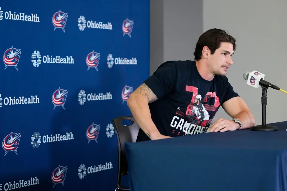 Sep 18, 2024; Columbus, Ohio, USA; Columbus Blue Jackets center Sean Monahan speaks during media day press conference at Nationwide Arena. The Blue Jackets start training camp on Sept. 19.