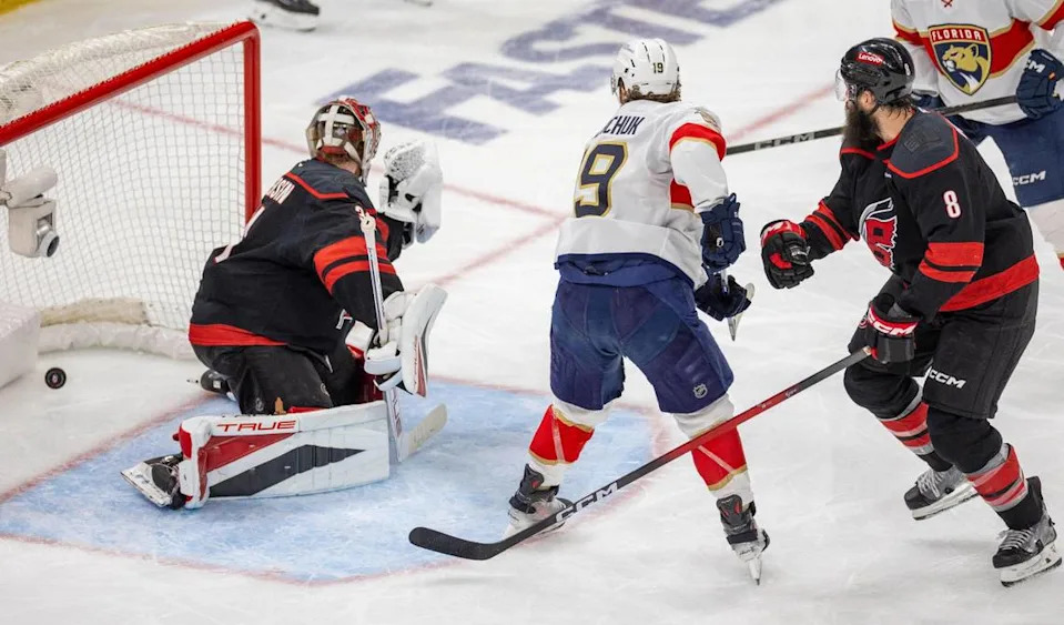 Florida Panthers left wing Matthew Tkachuk (19) scores on Carolina Hurricanes goalie Frederik Andersen (31) in the second period during Game 5 of their Stanley Cup series on Wednesday, May 28, 2025 at Lenovo Center in Raleigh, N.C.