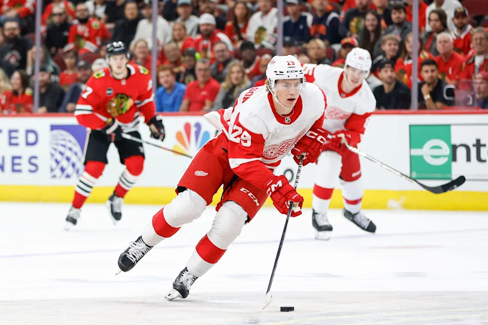 Detroit Red Wings forward Nate Danielson (29) controls the puck against the Chicago Blackhawks during the first period of a preseason hockey game at United Center in Chicago on Tuesday, Oct. 3, 2023.